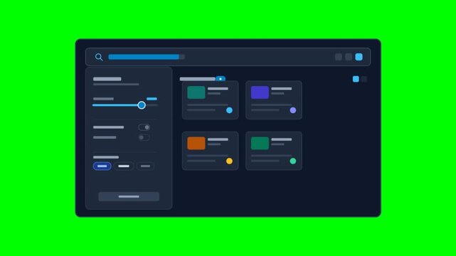 Modern dark mode dashboard UI animation on green screen. Digital software interface with data cards. Flat vector web application layout.