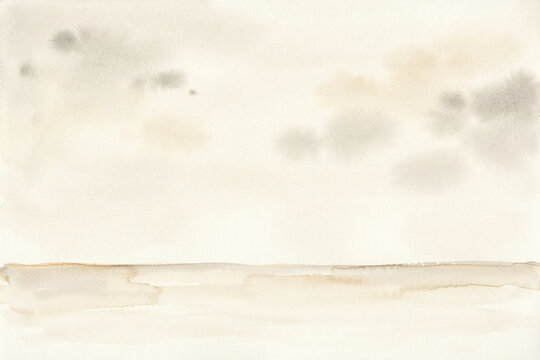 Minimalist Watercolor Landscape Painting Featuring Soft Earth Tones and Ethereal Clouds in a Serene Abstract Horizon Background
