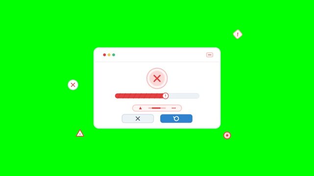 System error pop-up window on green screen, digital failure notification with red progress bar, computer software crash alert