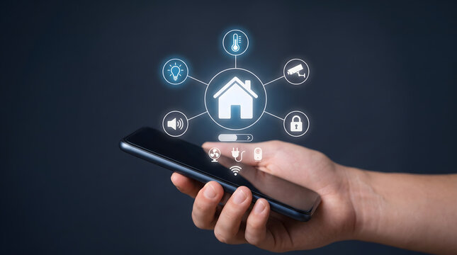 Smart home technology interface controlling connected devices through digital automation systems