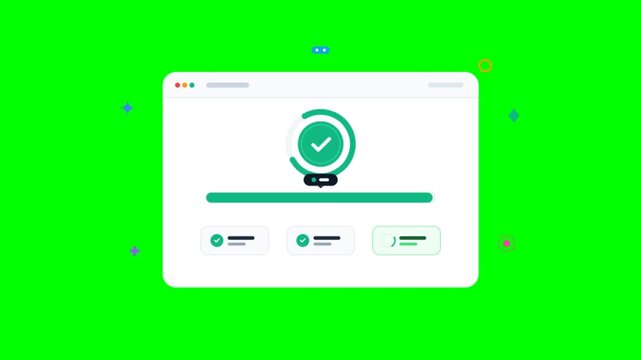 Digital progress bar animation on green screen, loading status window with checkmark icon, software installation interface