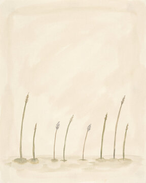 Minimalist Watercolor Illustration Featuring Delicate Botanical Stems Emerging from a Soft Beige Textured Wash Background