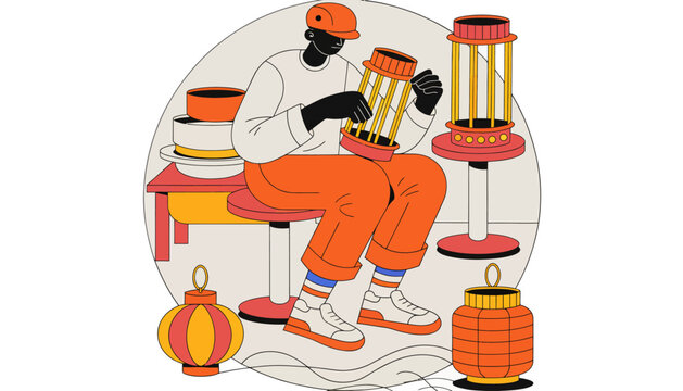 Artisan crafting lanterns in workshop, creative hobby, traditional craft, handmade decor, cultural celebration, illustration