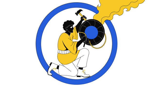 Artisan forging a circular shield with a hammer, abstract representation of creation and resilience