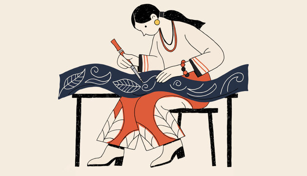 Artisan Crafting: Woman Carving Textile Design on Table with Tools, Folk Art Illustration