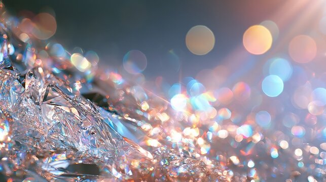 Sparkling abstract artwork with shimmering multicolored crystal particles on pale lavender‑gray backdrop, sharp shattered crystalline fragments and soft pastel bokeh circles, diffused bright lighting