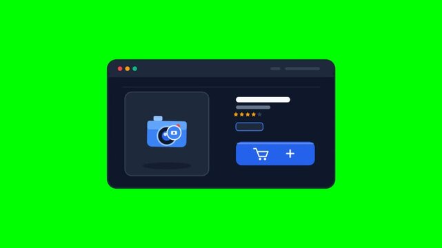 E-commerce product page animation on green screen, digital shopping cart interface, online store web browser UI with camera icon