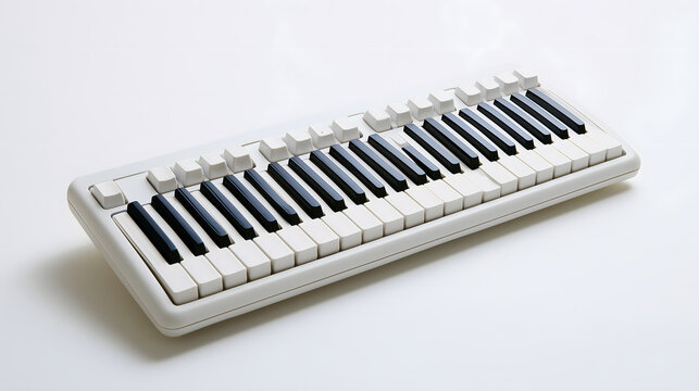 Whimsical pop art concept combines computer keyboard with black and white piano key layout, creating surreal musical instrument