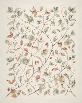 Elegant Botanical Watercolor Illustration Featuring Delicate Intertwining Vines and Soft Foliage for Sophisticated Textile and Wallpaper Patterns