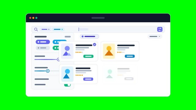 Modern dashboard UI animation on green screen, flat vector web interface with user profiles, digital software application mockup