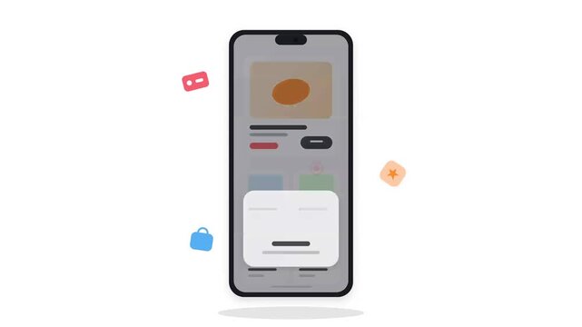 Digital user interface illustration showing a mobile phone screen displaying a pop up modal window with abstract floating graphical icons