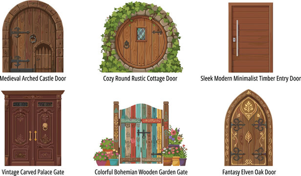 Wooden Door and Gate Vector Icon Set with Medieval Fantasy Modern and Bohemian Styles for Gaming and Architecture Designs