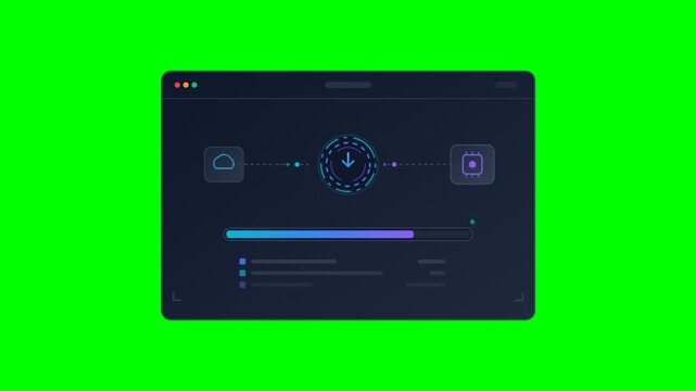 Futuristic cloud data transfer animation on green screen. Digital file download progress bar interface. Modern software installation UI.