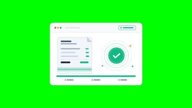 Digital checkmark animation on browser window, successful online payment confirmation, green screen interface for web transaction