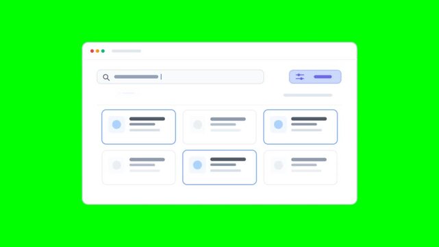 Minimalist web browser interface on green screen, clean software dashboard mockup, digital search engine UI with card layout