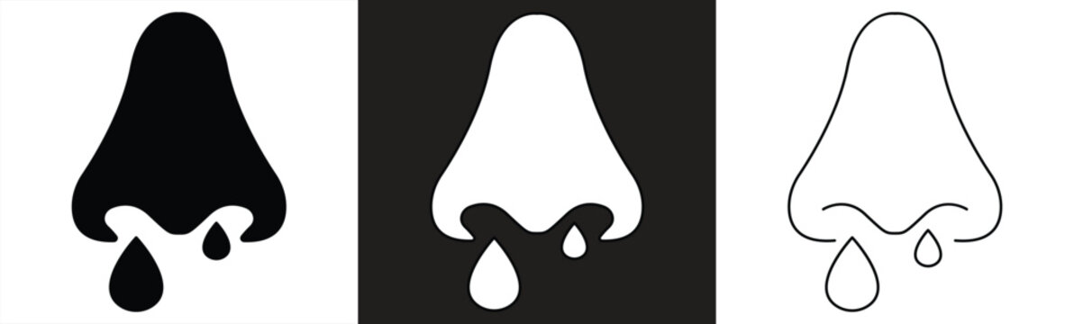 Nose icon set with water droplets in a modern design. Flat vector icon of a runny nose, isolated, with an outline. Vector illustration.