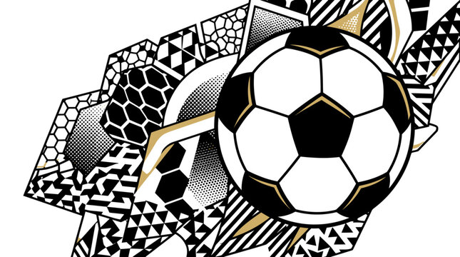 Dynamic soccer ball with abstract geometric background in motion and energy.