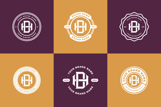 Vintage DH or HD monogram  logo collection with classic badge designs on gold and purple background.