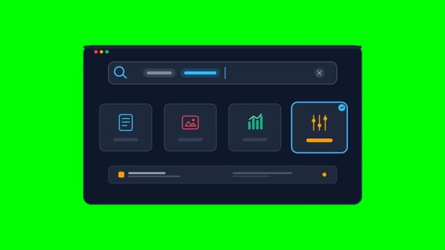 Modern dark UI dashboard interface, digital search engine window with colorful icons, software application layout on green screen background