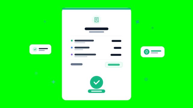 Digital invoice animation on green screen, electronic billing document with checkmark, financial transaction receipt for business accounting