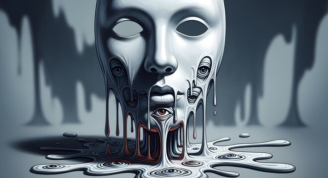 A surreal melting mask dissolves into a distorted puddle, revealing abstract features beneath, symbolizing psychological vulnerability and the erosion of identity