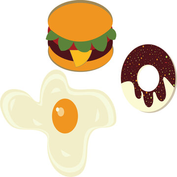 Delicious breakfast and fast food illustration set featuring a tasty hamburger fried egg and chocolate glazed donut vector art