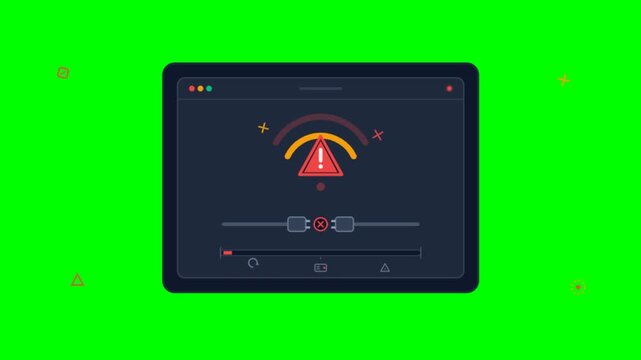 Network connection error animation on green screen, disconnected internet cable icon, system failure warning on digital tablet screen