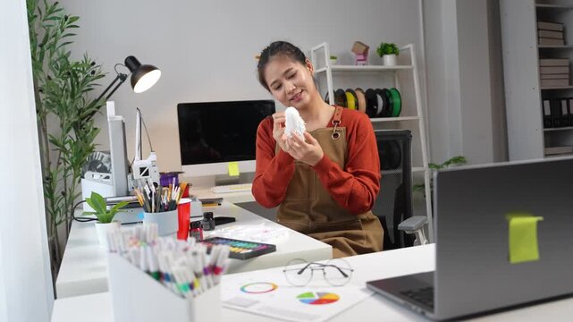 Asian female designer painting 3d printed prototype model. 3d printer