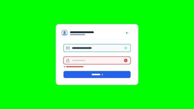 Animated login form with error message on green screen, digital user authentication interface, secure account access portal