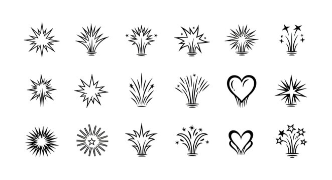 Fireworks and festive celebration icons solid set containing icons for sparklers starburst heart shape and explosion effects for event planning greeting cards and party invitations