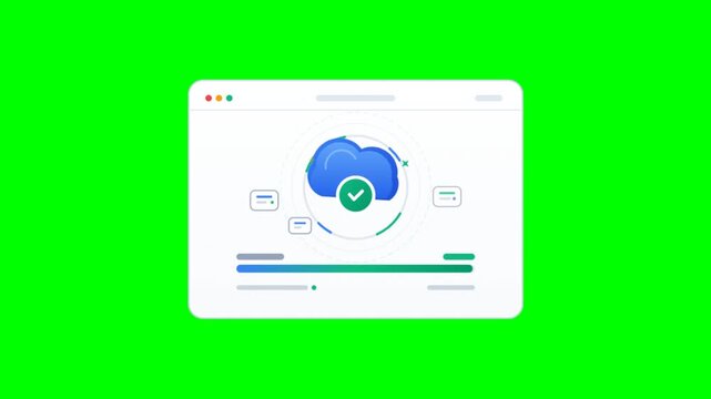 Cloud computing data storage animation, secure server backup interface on green screen, digital network synchronization concept