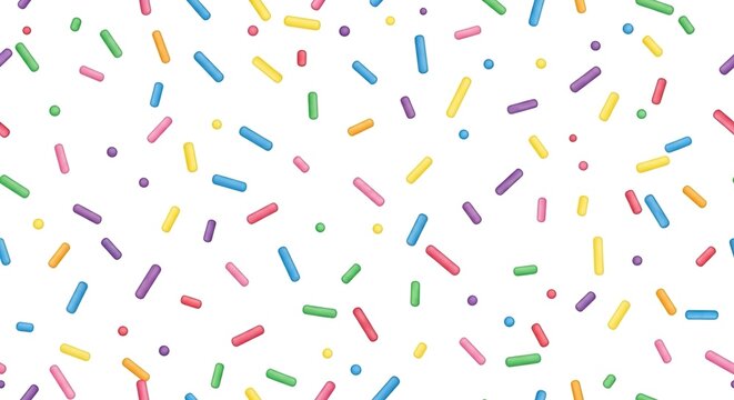 Colorful sugar sprinkles pattern vector illustration. Seamless confetti background with sweet confectionery toppings. Bright yellow pink blue green and purple sprinkles for bakery designs