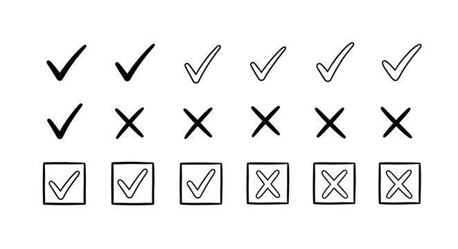 Hand drawn check mark and cross symbol set containing checkmarks crosses and checkboxes for task management. Black doodle vector icons for lists forms and digital user interfaces
