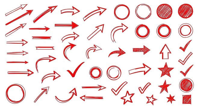 Hand drawn red vector arrow and circle doodle icon set containing icons for straight pointer curved arrow circle checkmark and star symbol for infographic and design presentation