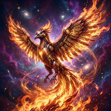 Generate an awe-inspiring illustration of a phoenix bird rising from flames, with its feathers intricately designed with cybernetic and mechanical components. Blend the organic and the synthetic seaml