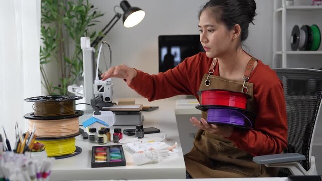 Designer choosing colored plastic filament for 3d printer. 3d printer