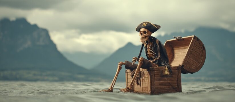 A solitary pirate skeleton in an old tricorne hat sitting on a treasure chest floating on water