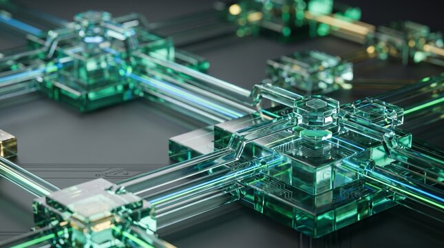 Photonic quantum processor with green glowing light paths representing advanced data transmission