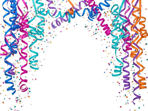Bright hanging party streamers and colorful confetti isolated on transparent background for festive celebration art