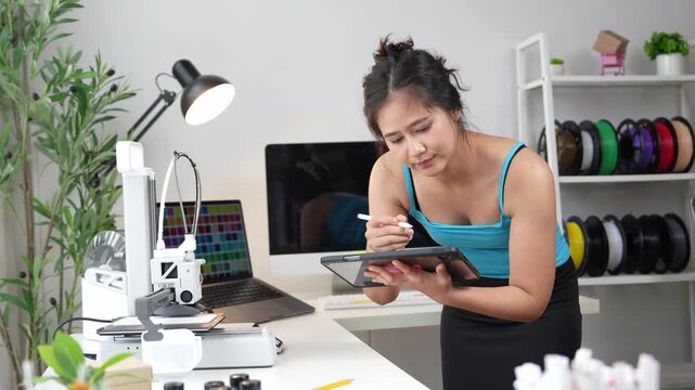 Asian female engineer working with a 3d printer. 3d printer