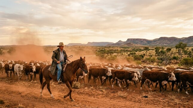 A farmer on horseback moving a herd of cattle across the vast Australian outback, the red dust rising, the sky expansive. The farmer wears a wide-brimmed Akubra hat, the cattle are moving.