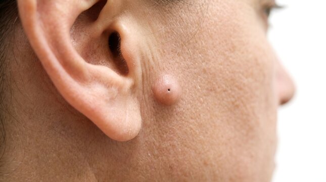 Close Up Shot of Epidermal Cyst Tumor on Woman Face Near Ear