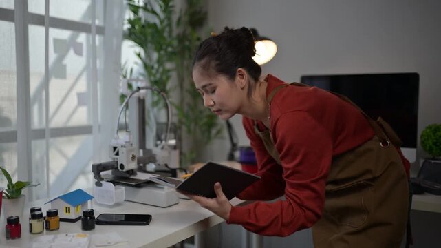 Asian female architect designing a 3d printed house model. 3d printer