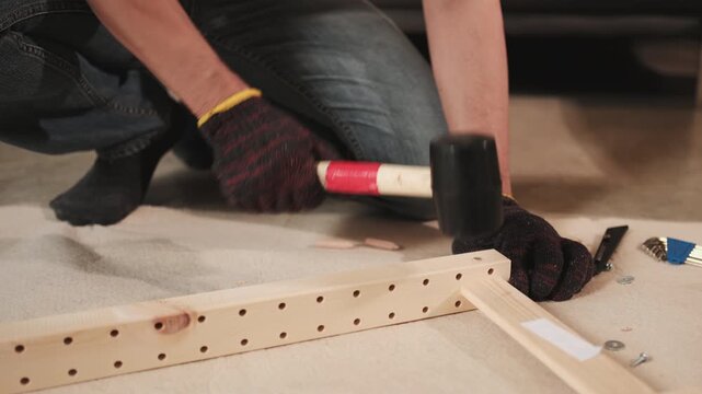 Close-up, man's hand with rubber mallet, accuracy hitting wooden joint, self-assembling furniture, works with DIY tools, home improvement, hobby carpentry workshop, expert handyman, active lifestyle.