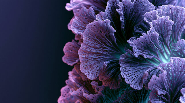 Violet biopolymer brain-coral lattice pulsing with cyan light, neural computing, connectome mapping, brain simulation, cognitive AI, synaptic processing, neurotechnology, deep learning