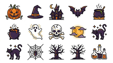 Fototapeta premium Halloween icons set with pumpkin ghost and bat.