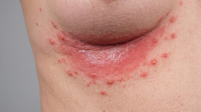 Severe Intertrigo Red Skin Rash with Pustules Under Breast Skin Fold