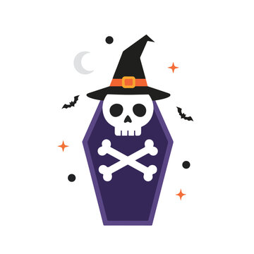 Flat vector illustration of a cartoon skull wearing a witch hat inside a purple coffin with crossbones for Halloween.