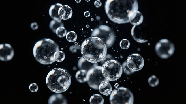Transparent water bubbles floating in dark air macro shot isolated on black background