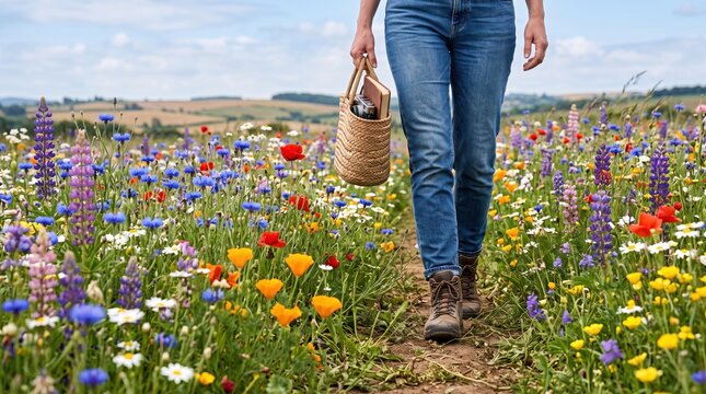 Woman walking through vibrant wildflower meadow carrying woven basket filled with books enjoying nature outdoors in summer countryside landscape wearing jeans